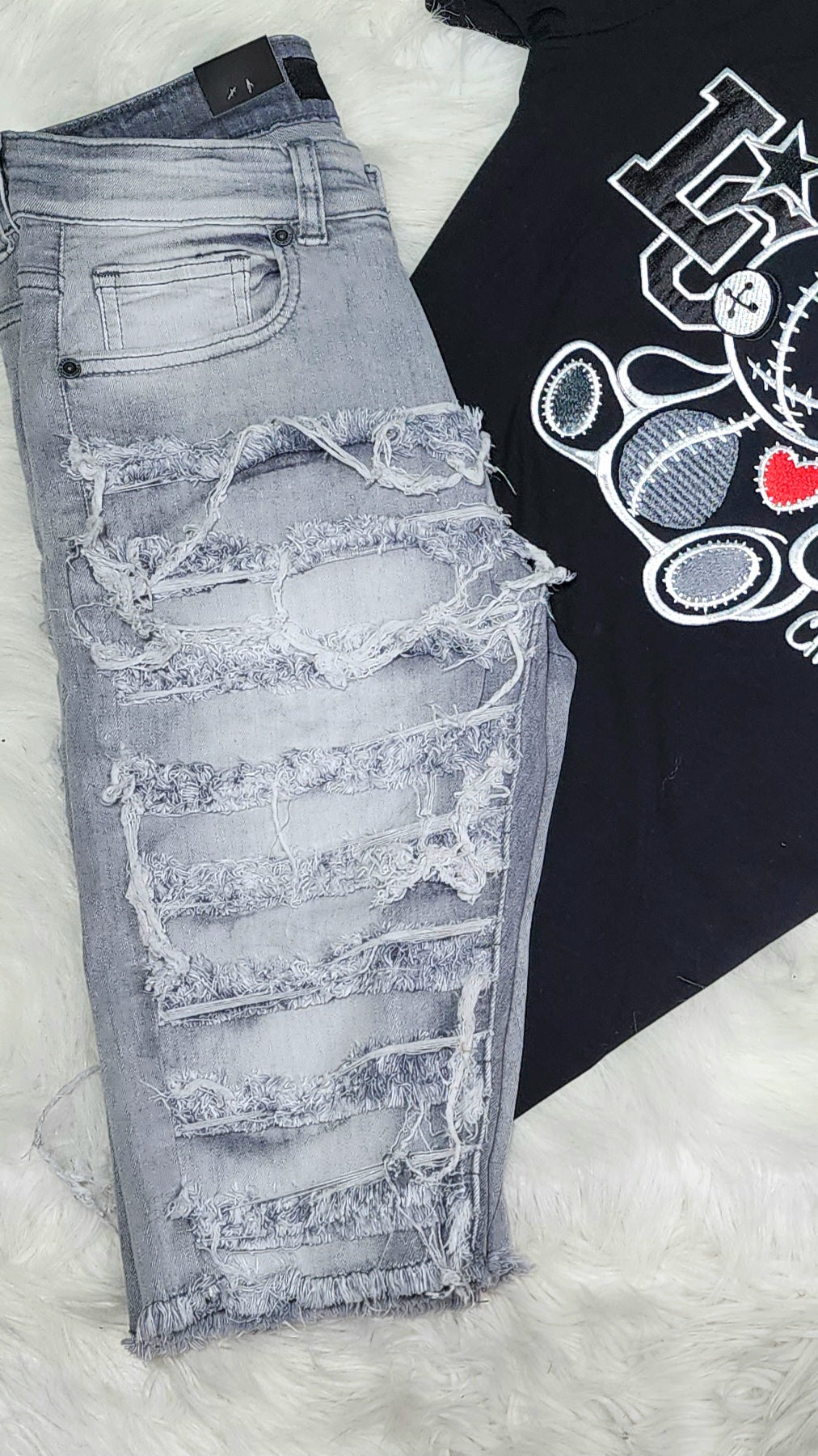 GREY DISTRESSED DENIM SHORTS