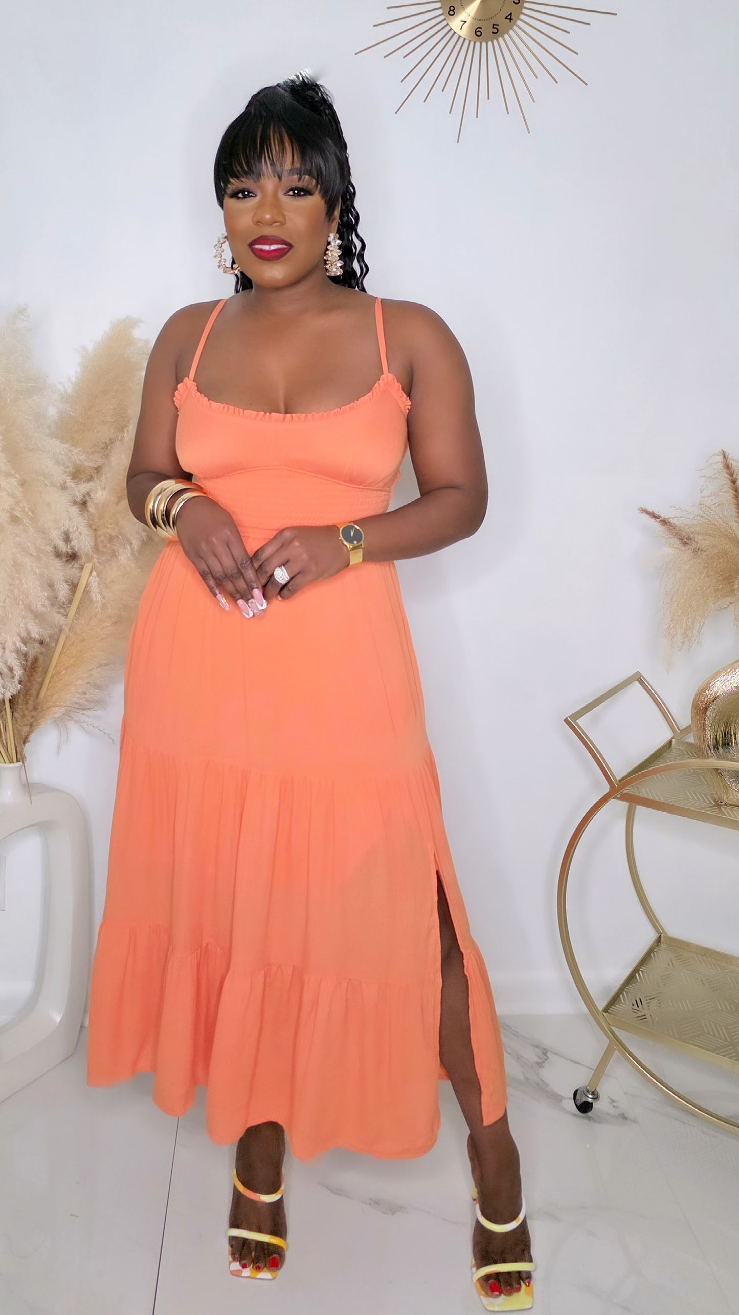 CAN'T BE RUFFLED MIDI DRESS - ORANGE