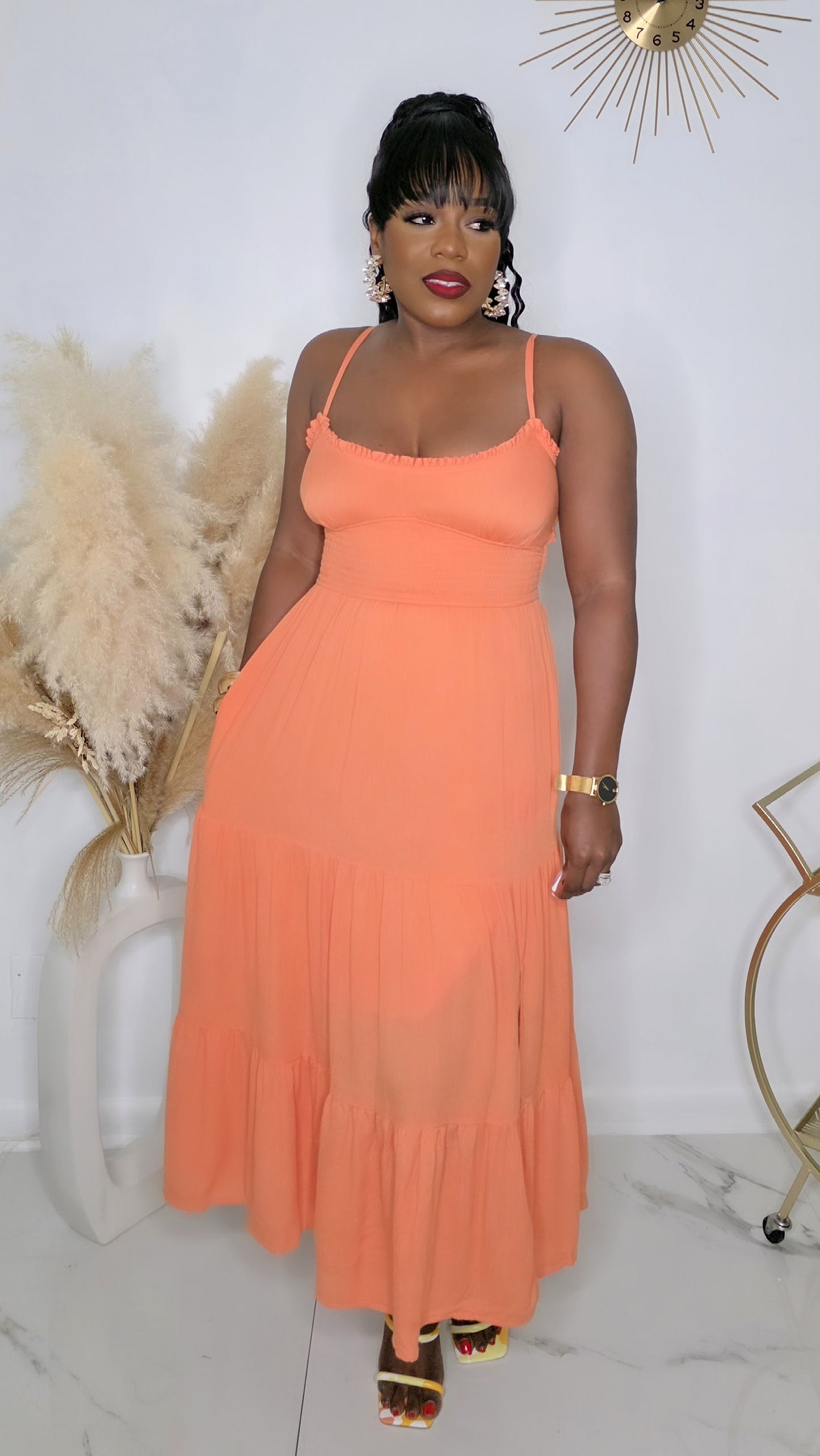 CAN'T BE RUFFLED MIDI DRESS - ORANGE