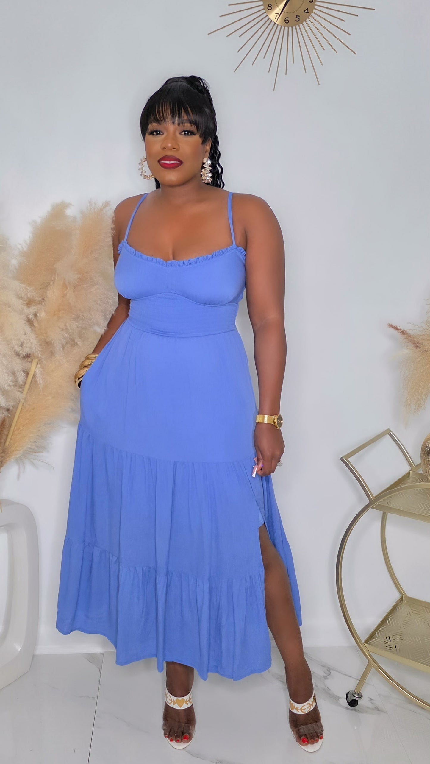 CAN'T BE RUFFLED MIDI DRESS - BLUE