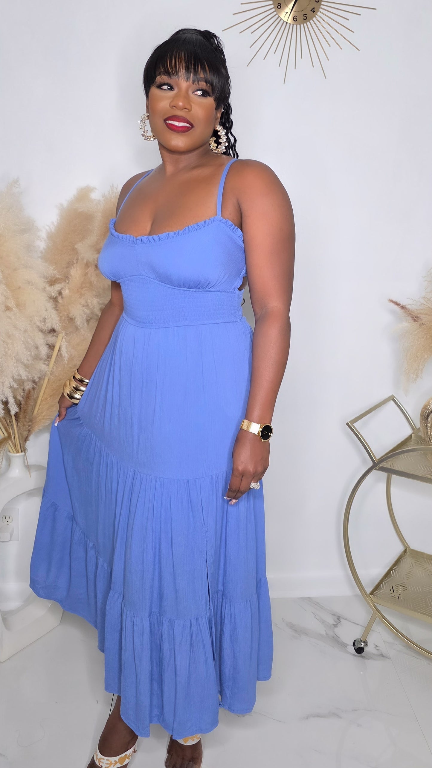 CAN'T BE RUFFLED MIDI DRESS - BLUE