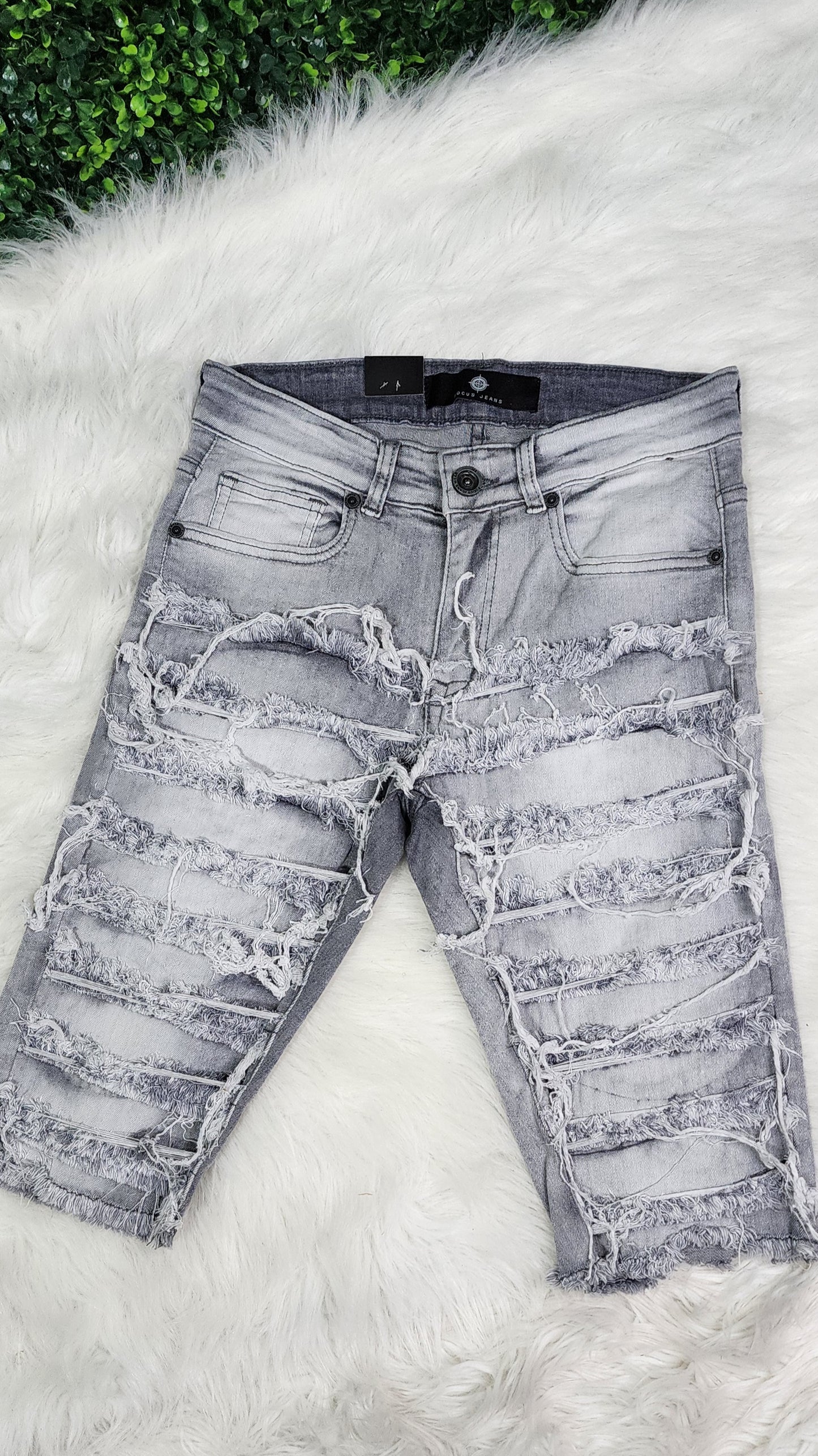 GREY DISTRESSED DENIM SHORTS