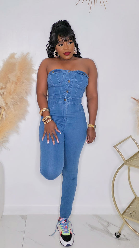 UP CLOSE, NEVER PERSONAL DENIM JUMPSUIT